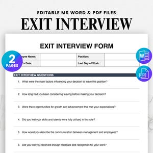 Puede incluir: Un formulario de entrevista de salida blanco con el título "EXIT INTERVIEW" en letras negras en negrita. El formulario incluye campos para el nombre del empleado, el puesto y el último día de trabajo. Disponible en formatos MS Word y PDF.