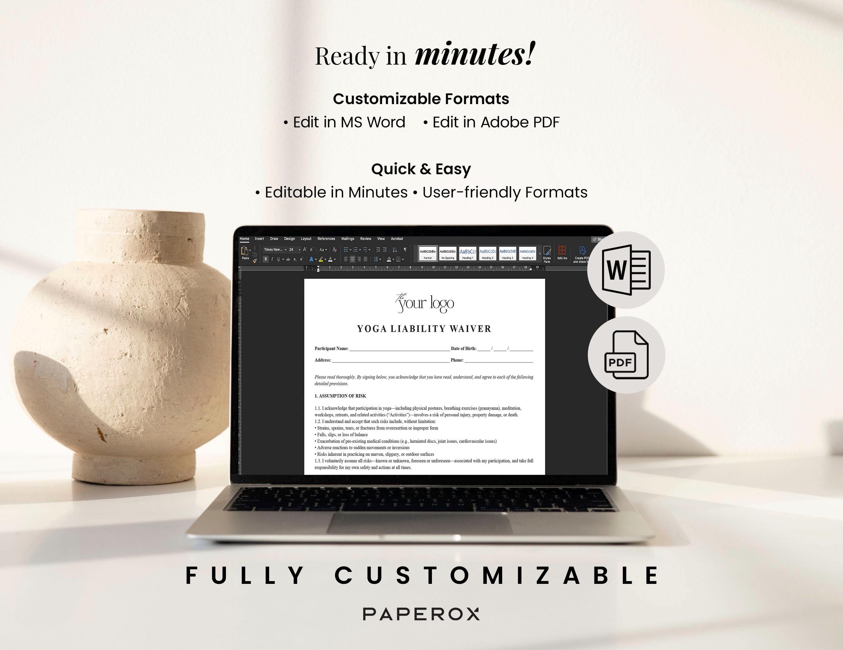 Yoga Liability Waiver Template - Yoga Waiver Form - Editable PDF & Word ...