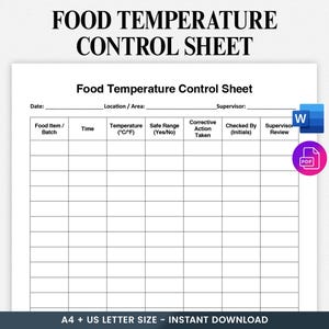 May include: A white Food Temperature Control Sheet with a black header that reads "FOOD TEMPERATURE CONTROL SHEET". The sheet includes fields for date, location, supervisor, food item, time, temperature, safe range, corrective action, initials, and review. Includes a PDF and Word icon.