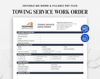 Towing Work Order Template • Editable Tow Truck Service Form • Fillable PDF Job Sheet • Printable Towing Service Dispatch Log Towing Invoice