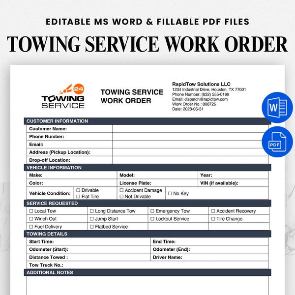 Tow Log Template - Etsy