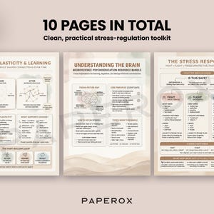 May include: Three educational posters with the text "10 PAGES IN TOTAL" and "Clean, practical stress-regulation toolkit." The posters cover topics like neuroplasticity, brain understanding, and stress response. A gold pen rests on the right side.