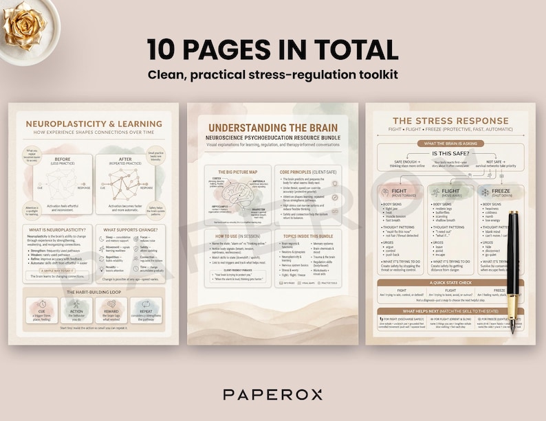 May include: Three educational posters with the text "10 PAGES IN TOTAL" and "Clean, practical stress-regulation toolkit." The posters cover topics like neuroplasticity, brain understanding, and stress response. A gold pen rests on the right side.