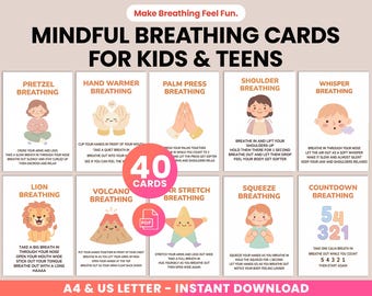 Mindfulness Breathing Exercise Flashcards for Kids & Teens, Deep Breathing Cards,Anxiety Relief Coping Skills,Calming Corner,Grounding Cards