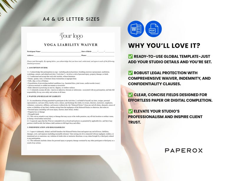 Yoga Liability Waiver Template - Yoga Waiver Form - Editable PDF & Word ...