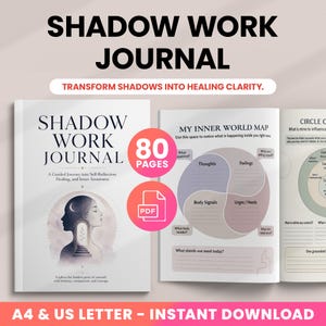 May include: A white Shadow Work Journal with the title in large black letters. The journal has 80 pages and includes a PDF download. The cover features an illustration of a woman's silhouette. The text reads, "Transform Shadows into Healing Clarity."