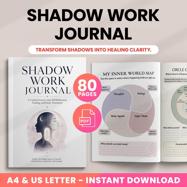 May include: A white Shadow Work Journal with the title in large black letters. The journal has 80 pages and includes a PDF download. The cover features an illustration of a woman's silhouette. The text reads, "Transform Shadows into Healing Clarity."