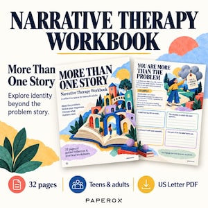 Peut inclure: Un cahier d'exercices de thérapie narrative intitulé More Than One Story, comprenant 32 pages de réflexion guidée et de fiches pratiques. La couverture montre un livre ouvert avec une scène architecturale colorée et des exercices.