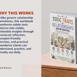 Puede incluir: Un libro de ejercicios de tapa blanda titulado Toxic Traits in Relationships Workbook con una cubierta blanca que presenta una ilustraci&oacute;n en acuarela de dos sillones en una sala, plantas verdes y texto sobre 20 hojas de reflexi&oacute;n.