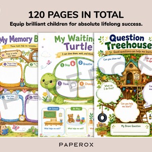 Pu&ograve; includere: Tre pagine di attivit&agrave; educative intitolate My Memory Book, My Waiting Turtle e Question Treehouse. Le pagine presentano illustrazioni colorate di un albero, una tartaruga e una casa sull'albero con fumetti e riquadri vuoti per scrivere.