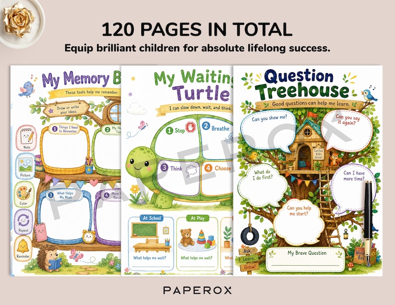 Pu&ograve; includere: Tre pagine di attivit&agrave; educative intitolate My Memory Book, My Waiting Turtle e Question Treehouse. Le pagine presentano illustrazioni colorate di un albero, una tartaruga e una casa sull'albero con fumetti e riquadri vuoti per scrivere.