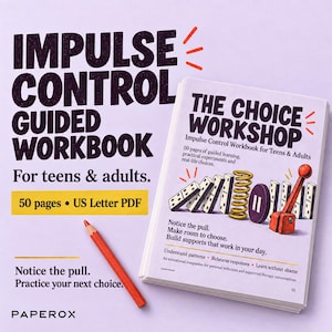Pode incluir: Um caderno de exercícios guiado de 50 páginas em formato PDF US Letter para adolescentes e adultos intitulado The Choice Workshop. A capa apresenta ilustrações de dominós, uma mola amarela e uma alavanca vermelha. Um lápis vermelho está ao lado.