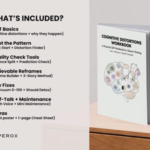 May include: A white workbook titled "Cognitive Distortions Workbook" with a cartoon brain illustration. The book's cover includes the text "A Practical CBT Workbook for Clearer Thinking." The image also shows a list of included topics.
