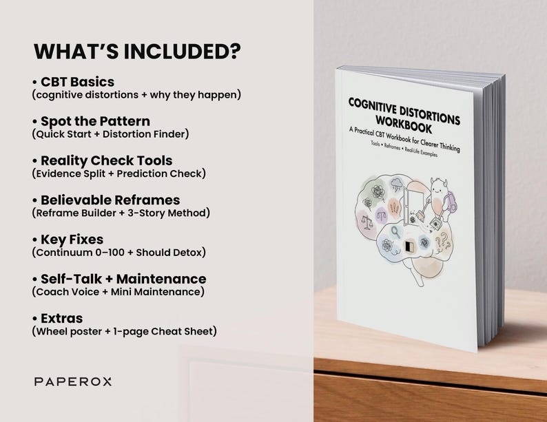 May include: A white workbook titled "Cognitive Distortions Workbook" with a cartoon brain illustration. The book's cover includes the text "A Practical CBT Workbook for Clearer Thinking." The image also shows a list of included topics.