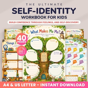 May include: The Ultimate Self-Identity Workbook for Kids is a 40-page digital PDF featuring colorful activity sheets. Pages include What Makes Me Me with a tree graphic, Things I Am, and When I Feel Brave, with prompts for personality, talents, and interests.