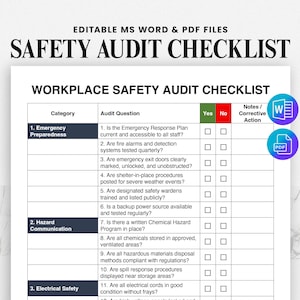 Workplace Safety Audit Checklist Template | Printable Workplace Inspection Form PDF | OSHA Compliance & Safety Audit Tool - Editable WORD
