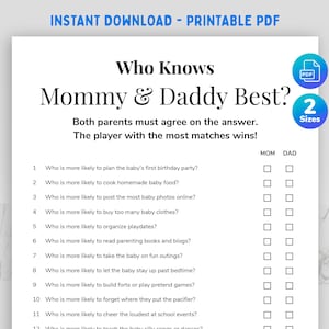 Who Knows Mommy and Daddy Best Baby Shower Game, Printable Who Knows the Parents to Be Best, Questions About the Parents Baby Shower Game