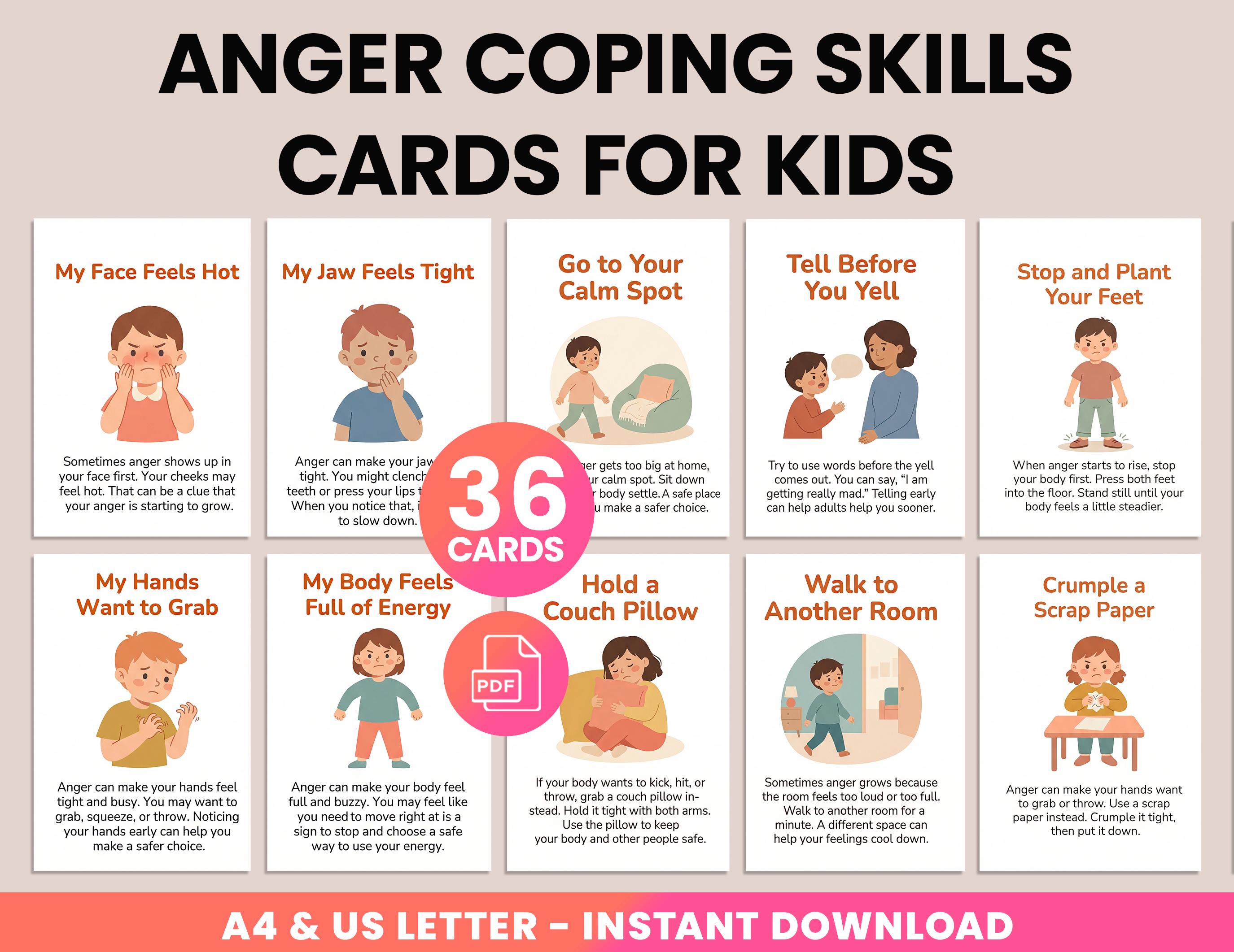 Anger Coping Skills Flashcards for Kids, Printable Anger Management ...