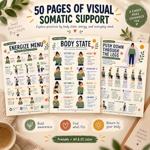 Può includere: Un set di tre poster informativi intitolati 50 Pages of Visual Somatic Support, Body State e Push Down Through The Legs. I documenti presentano figure illustrate che eseguono esercizi somatici, istruzioni testuali e icone colorate.