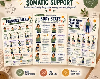 Somatic Exercises Cheat Sheets, Somatic Therapy Nervous System Worksheets, Grounding Exercises, Trauma-Informed Mental Health PDF