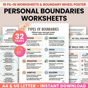 May include: A collection of printable worksheets and a poster focused on personal boundaries. The design features colorful pages with text and graphics, including the words "Personal Boundaries Worksheets" and "Instant Download."
