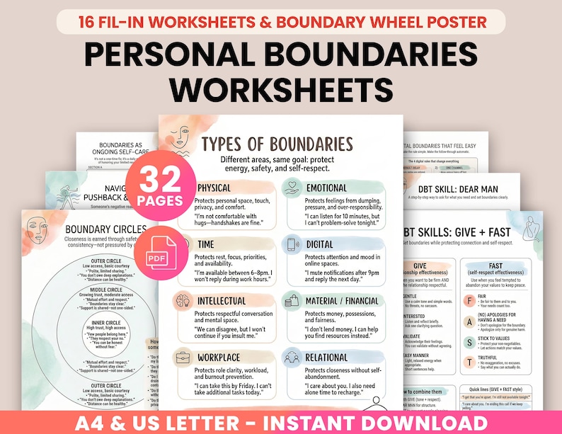 May include: A collection of printable worksheets and a poster focused on personal boundaries. The design features colorful pages with text and graphics, including the words "Personal Boundaries Worksheets" and "Instant Download."
