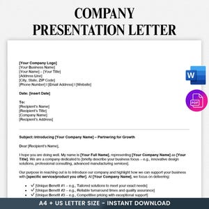 Puede incluir: Una plantilla de carta de presentación blanca con el título "COMPANY PRESENTATION LETTER" en negrita negra. El documento incluye marcadores de posición para la información de la empresa y un icono de Microsoft Word y PDF. El texto en la parte inferior dice "A4 + US LETTER SIZE - INSTANT DOWNLOAD".