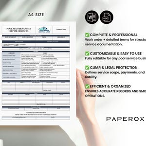 May include: A printable pool maintenance and repair service work order template in A4 size. The template includes sections for service type, date scheduled, price, and customer details. It also features a checklist of common pool maintenance tasks, such as filter inspection, water chemistry, and equipment cleaning. The template is customisable and easy to use, and it provides clear and legal protection for pool service businesses.