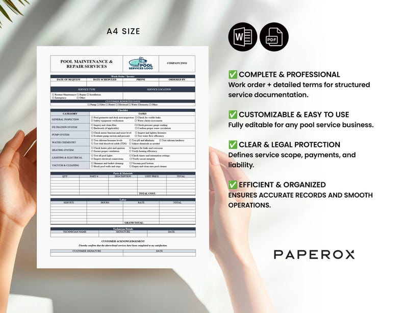May include: A printable pool maintenance and repair service work order template in A4 size. The template includes sections for service type, date scheduled, price, and customer details. It also features a checklist of common pool maintenance tasks, such as filter inspection, water chemistry, and equipment cleaning. The template is customisable and easy to use, and it provides clear and legal protection for pool service businesses.