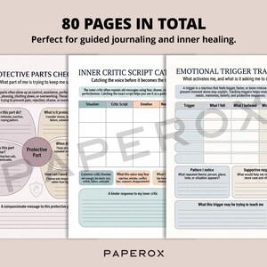 May include: Three-page spread of a journal with prompts for self-reflection. The pages include sections for identifying protective parts, inner critic scripts, and emotional triggers. A black pen rests on the right page. The text reads "80 PAGES IN TOTAL".