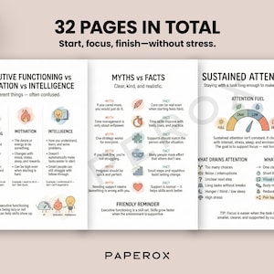 May include: A brochure with the title "32 PAGES IN TOTAL" and the subtitle "Start, focus, finish&mdash;without stress." The brochure covers topics like executive functioning, motivation, intelligence, and sustained attention, with charts and text.