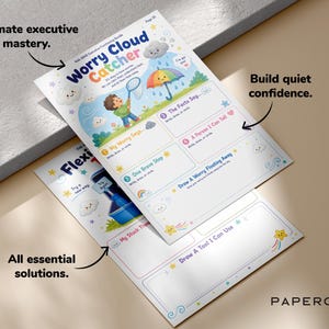 Pu&ograve; includere: Due fogli di attivit&agrave; stampati intitolati Worry Cloud Catcher e Flexi. Il foglio superiore presenta un bambino dei cartoni animati con una rete, un ombrello colorato e sezioni per scrivere o disegnare su preoccupazioni, fatti e passi coraggiosi.