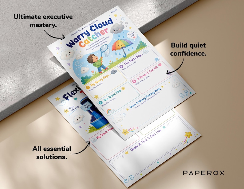 Pu&ograve; includere: Due fogli di attivit&agrave; stampati intitolati Worry Cloud Catcher e Flexi. Il foglio superiore presenta un bambino dei cartoni animati con una rete, un ombrello colorato e sezioni per scrivere o disegnare su preoccupazioni, fatti e passi coraggiosi.
