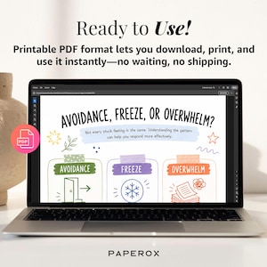 K&ouml;nnte beinhalten: Ein Laptop-Bildschirm zeigt ein digitales Dokument mit dem Titel AVOIDANCE, FREEZE, OR OVERWHELM? und dem Untertext Not every stuck feeling is the same. Understanding the pattern can help you respond more effectively. Es enth&auml;lt drei beschriftete K&auml;stchen mit Symbolen f&uuml;r Vermeidung, Erstarren und &Uuml;berw&auml;ltigung, akzentuiert durch bunte Kritzeleien und ein rosa PDF-Symbol.