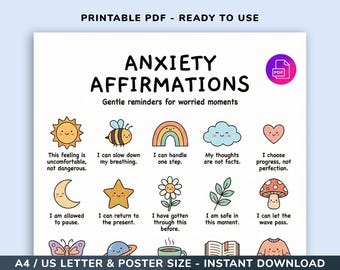 Anxiety Affirmations for Kids & Teens Printable, Stress Relief Coping Skills, Mental Health Poster, Therapy Office Poster, Stress Coping Kid
