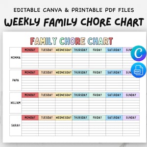 May include: A printable weekly family chore chart with a colorful design. The chart includes sections for Momma, Papa, William, and Sarah, with days of the week across the top. The text "Weekly Family Chore Chart" is at the top.