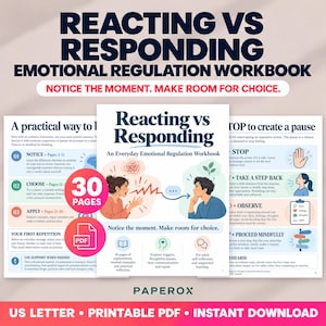 Reacting vs Responding Workbook, Emotional Regulation Worksheets, Impulse Control, Anger Management, CBT DBT Skills, 30 Pages, Printable PDF