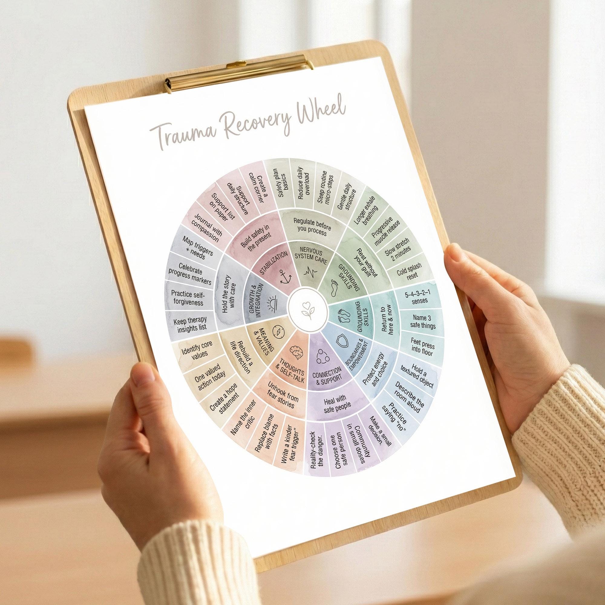 Trauma Wheel Examples Trauma Recovery Wheel Printable Poster, Grounding Skills & Nervous ...