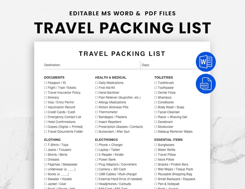 Editable Travel Packing List – Travel Checklist Printable – Trip ...