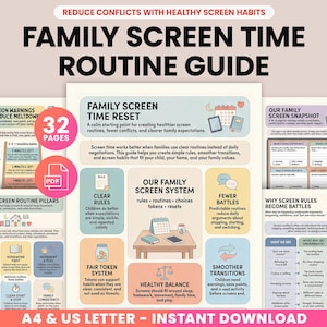May include: A Family Screen Time Routine Guide, a printable PDF with 32 pages. The guide features tips for healthy screen habits, including transition warnings, clear rules, and a fair token system. It is available in A4 and US Letter sizes.