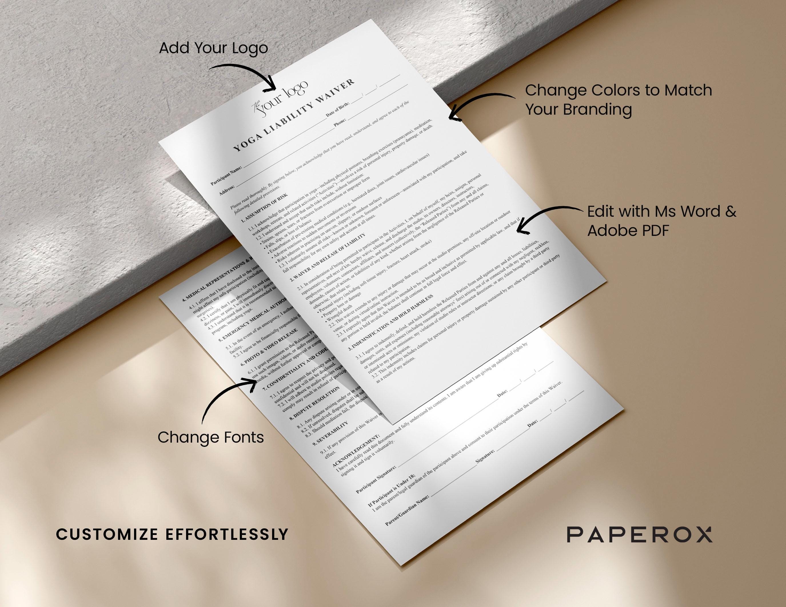 Yoga Liability Waiver Template - Yoga Waiver Form - Editable PDF & Word ...