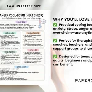 May include: A4 & US Letter Size printable guide titled "ANGER COOL-DOWN (HEAT CHECK)" with tips to manage anger. The guide includes sections on core ideas, actions, and real-life applications. The document is designed for teens and adults.