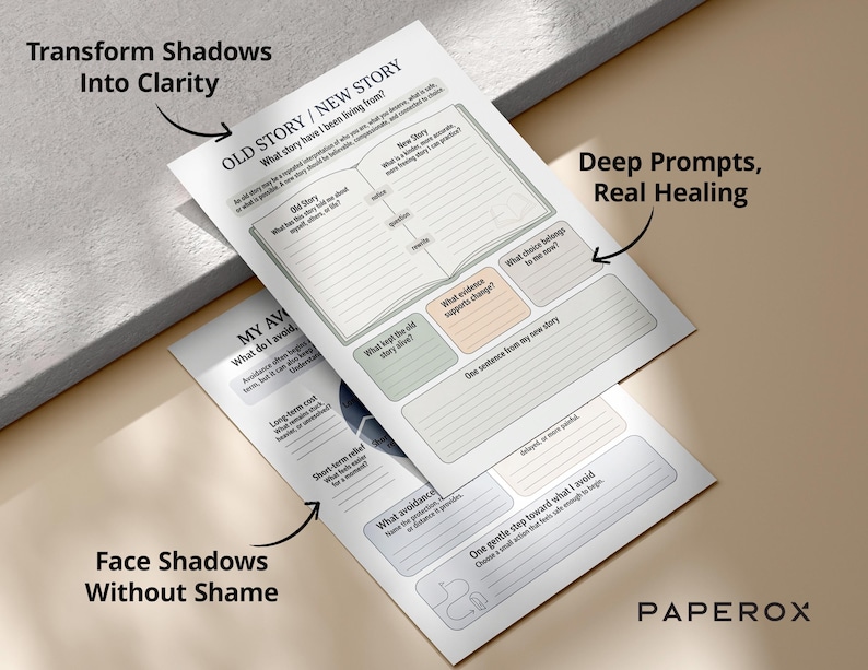 May include: Two white paper worksheets with text and prompts for self-reflection. The top sheet reads "OLD STORY / NEW STORY" and "Transform Shadows Into Clarity." The bottom sheet says "Face Shadows Without Shame."