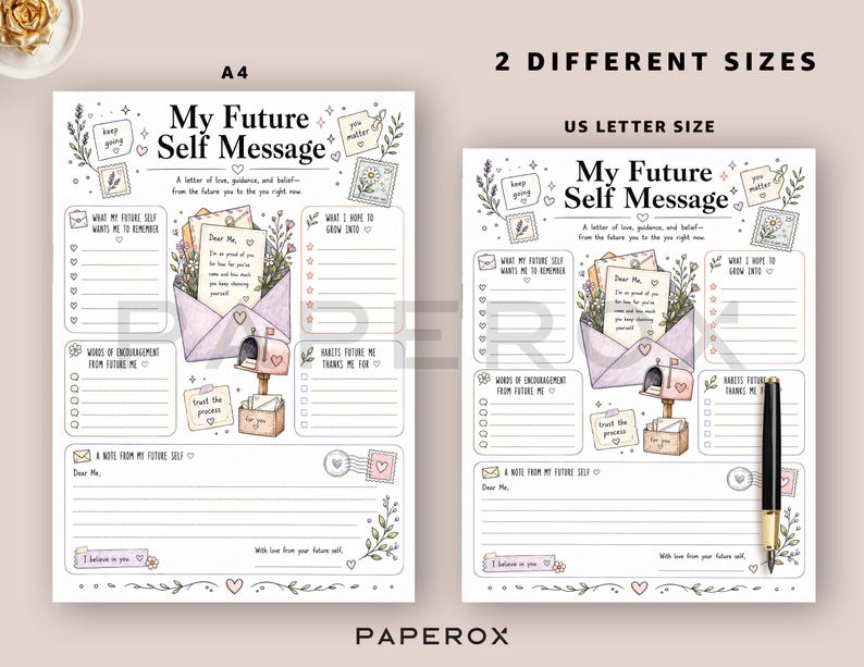 May include: Two printable My Future Self Message templates in A4 and US Letter sizes. Each sheet features a central illustration of a lavender envelope, a mailbox, and floral accents, with lined sections for writing notes, goals, and affirmations.
