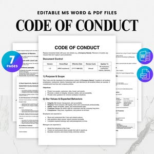 May include: A document titled "CODE OF CONDUCT" with the text "EDITABLE MS WORD & PDF FILES" at the top. The document is displayed with a "7 PAGES" graphic and icons for MS Word and PDF files.
