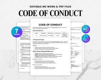 May include: A document titled "CODE OF CONDUCT" with the text "EDITABLE MS WORD & PDF FILES" at the top. The document is displayed with a "7 PAGES" graphic and icons for MS Word and PDF files.