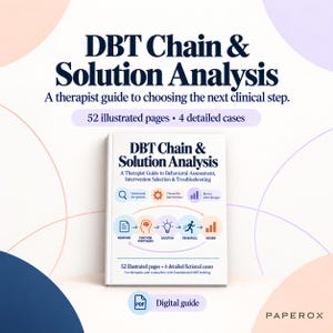 May include: A white softcover book titled DBT Chain & Solution Analysis: A Therapist Guide to Behavioral Assessment, Intervention Selection & Troubleshooting. The cover features a circular process diagram with icons for behavior, hypothesis, solution, rehearsal, and review.