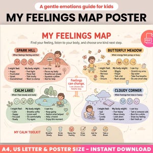 May include: A colorful poster titled "MY FEELINGS MAP" for kids, featuring illustrations and text about emotions. The poster includes sections like "Spark Hill," "Butterfly Meadow," "Calm Lake," and "Cloudy Corner," with associated feelings and coping strategies. The poster is available in A4, US Letter, and poster sizes.