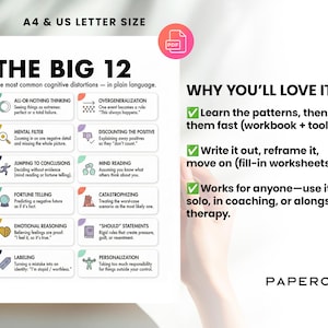 May include: A white printable document titled "THE BIG 12" lists common cognitive distortions with brief explanations. The document includes a section titled "WHY YOU'LL LOVE IT?" with bullet points about learning patterns and using the workbook.