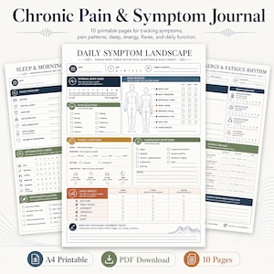 May include: A Chronic Pain & Symptom Journal featuring 10 printable pages. The layout includes sections for Daily Symptom Landscape, Sleep & Morning, and Energy & Fatigue Rhythm, with charts for tracking pain regions, body load, and daily impact.